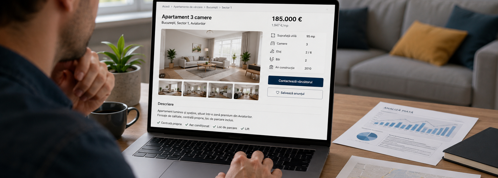 Persoană care verifică un anunț imobiliar pe laptop