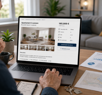 Persoană care verifică un anunț imobiliar pe laptop