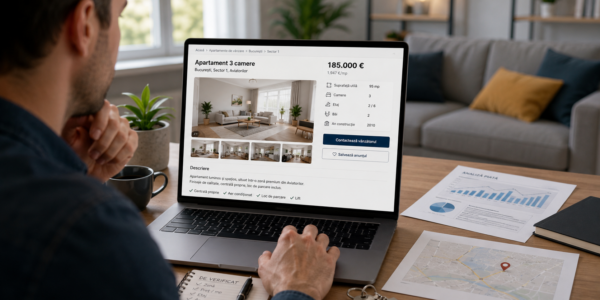 Persoană care verifică un anunț imobiliar pe laptop